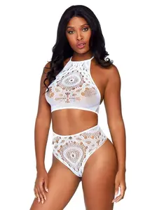 Women's 2-Piece Breathable Fabric Cropped Lingerie Set - Strappy Lace High Waist Crop Top, Boho Outfits Bikini with Panties