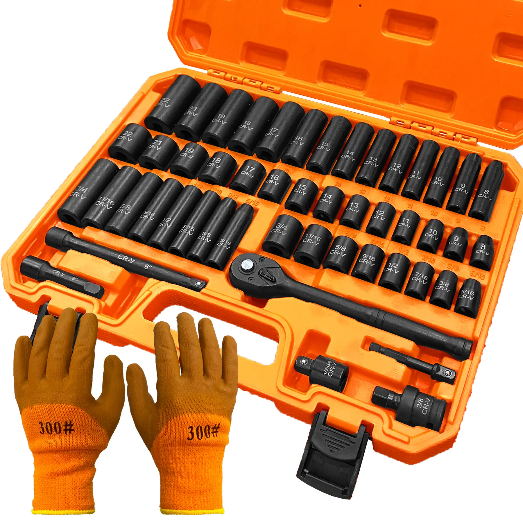 rive Impact Socket Set, 6 Point, 50pcs Standard Metric (8-22mm) And SAE (5/16-Inch To 3/4-Inch) Cr-V Steel Sockets With Adapters & Ratchet Handle