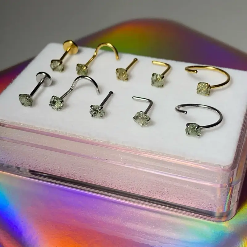 316L Surgical Steel Raw Moldavite Nose Stud | Genuine Czech Moldavite | Natural Tektite | L-Shape, Corkscrew & Straight Bar