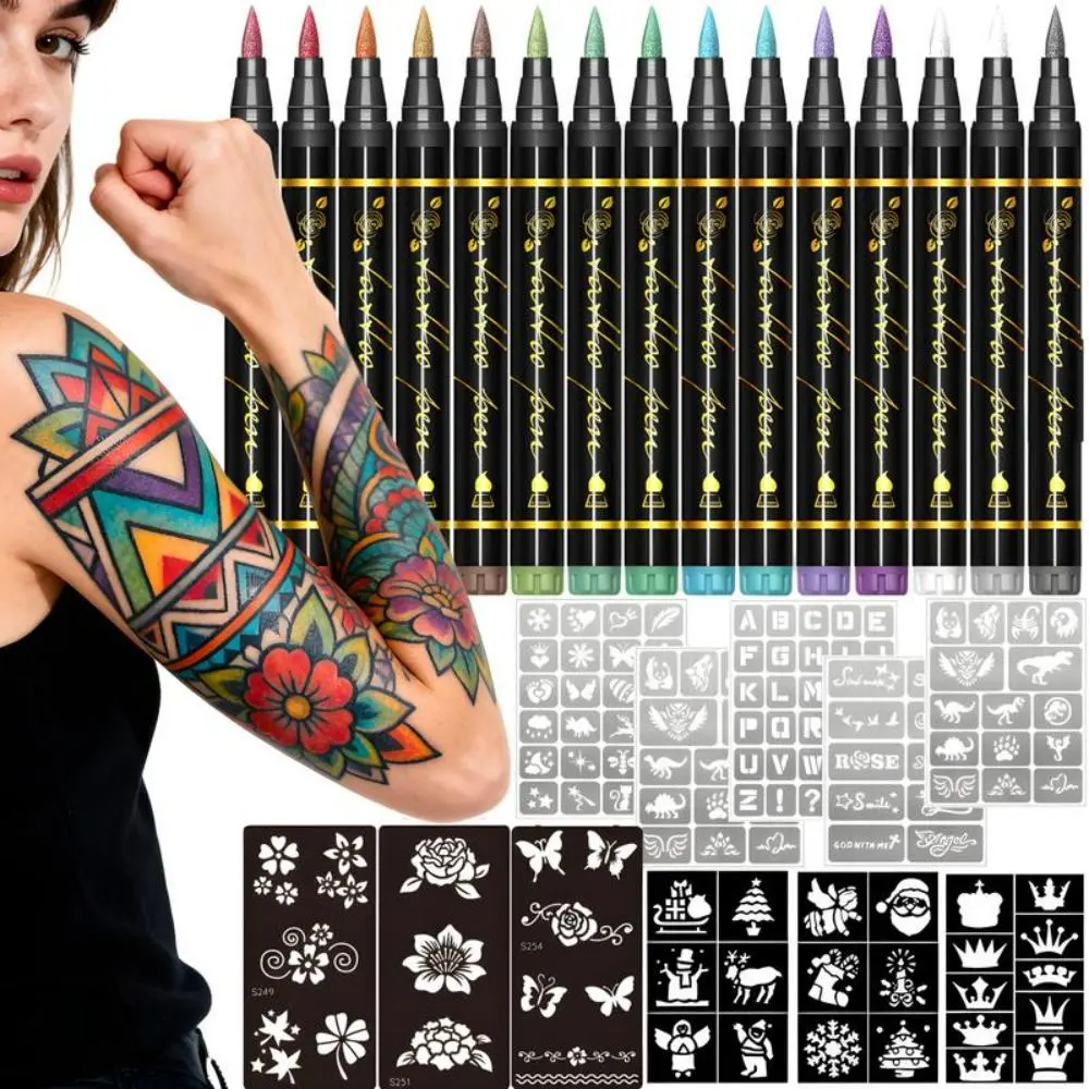 15-Color Highly Pigmented Temporary Tattoo Markers Kit, Flexible Brush Tips, Gentle Skin-Safe Cosmetic Formula for All Skin Types, Halloween Face Paint, Body Makeup, Temporary Tattoos, Tattoo Art