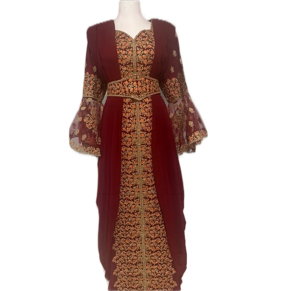 Stunning Layered Kaftan - ONE SIZE LARGER (S-M).  Green with Intricate Detailing, V-Neck, Long Sleeves, Comfortable Fit for Any Occasion