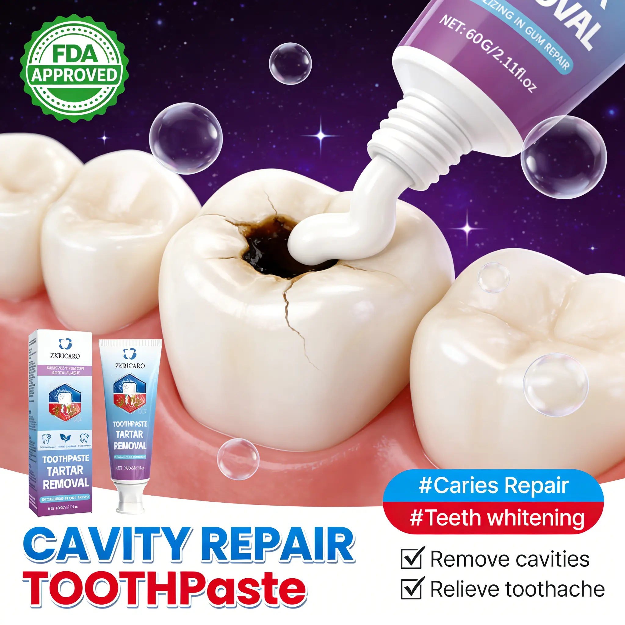 ZKRICARO Anti-Cavity Repair Toothpaste is FDA certified. It repairs cavities, removes plaque and tartar, whitens teeth, relieves tooth sensitivity, and strengthens tooth enamel.