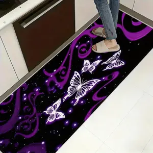 Soft kitchen carpet, purple butterfly pattern kitchen floor mat-interior mat, polyester fiber material, suitable for kitchen, living room, corridor, four seasons decoration, kitchen decoration