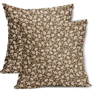 Brown Beige Daisy Floral Pillow Covers 20X 20 Inch Vintage Flowers Decorative Pillow Cases Set of 2 Block Print Cotton Linen Throw Pillows Farmhouse Decor For Sofa Couch Porch Bed Cushion Outdoor