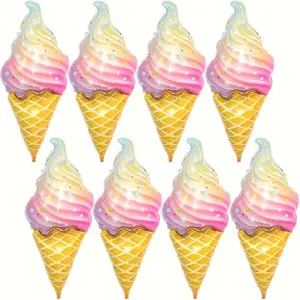 7pcs/14pcs Ice Cream Cone Aluminum Foil Balloons, Macaron Gradient Colors, Summer Party Decor, Sweet Birthday Theme, Pool Party, Hawaii Theme