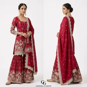 Indian Dress Women's Clothes - Red Traditional Embroidered Outfit with Matching Accessories