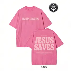 Unisex Jesus Saves Print Acid Washed T-shirt Breathable Tshirt