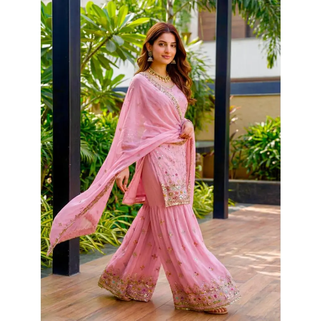 Women's Premium Faux Georgette 3-Piece Embroidered Sharara Set - 19 in, Full Sleeve, V-Neck, Heavy Thread Sequence Zari Work Ready-to-Wear Festive Suit for Eid, Wedding Parties