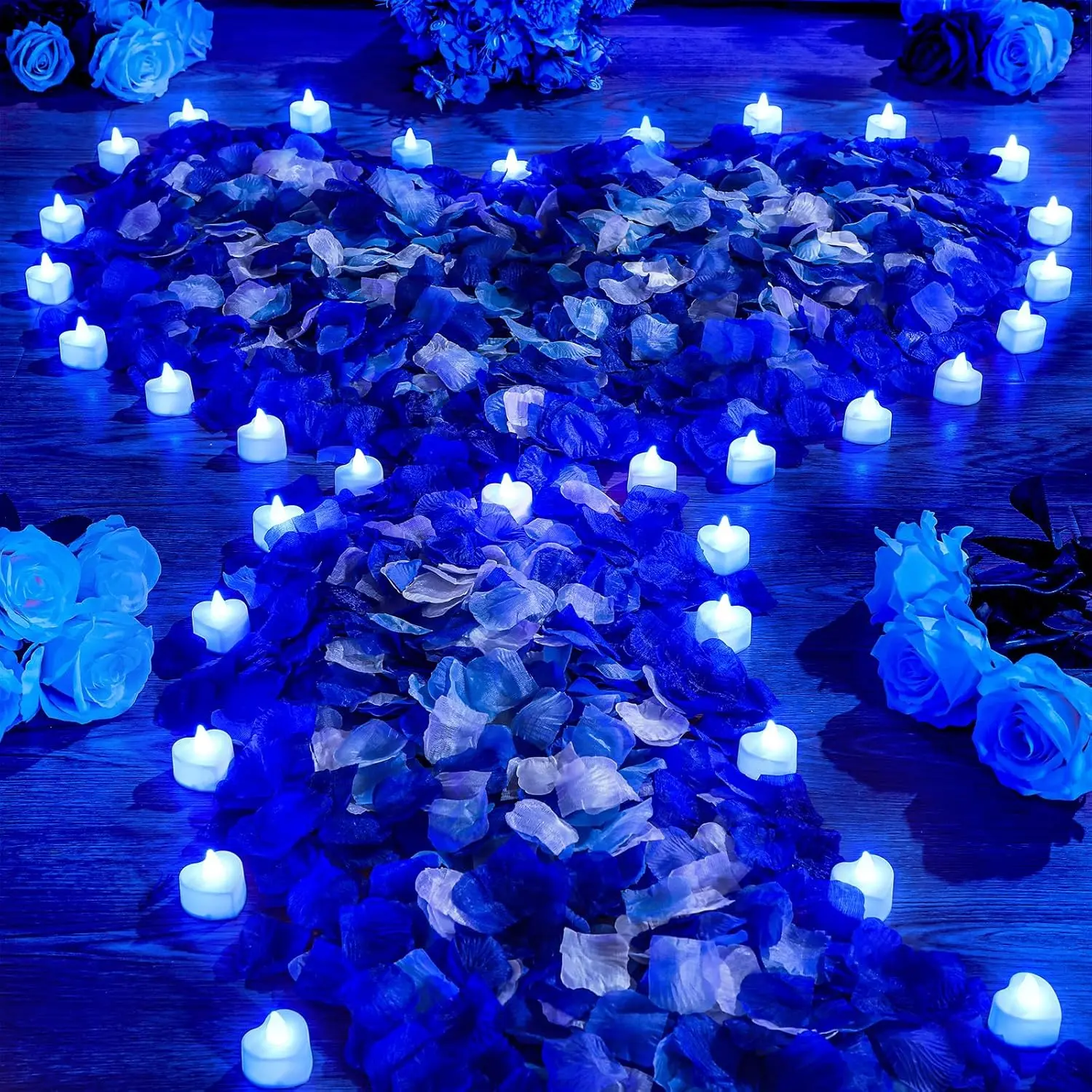 4000 Count Artificial Rose Petals with 24 Count LED Lights, Color Petals for Proposal, Wedding, Birthday Party, Blue Light