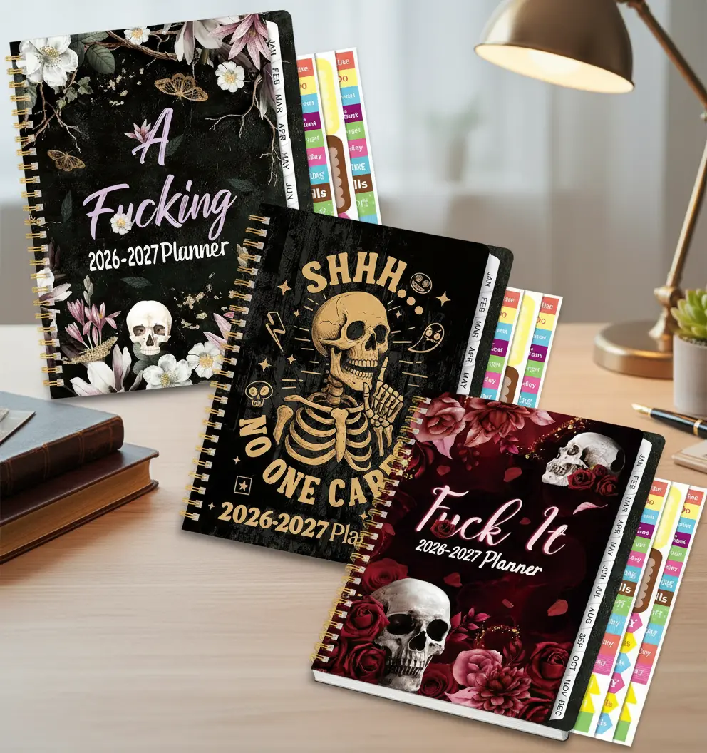 Gothic Skull A5 Hardcover 2026-2027 Weekly-Monthly Academic Planner with Planner Organization, Calendar Labels, Stickers, Inner Pocket, Elastic Closure - Office Stationery for Students