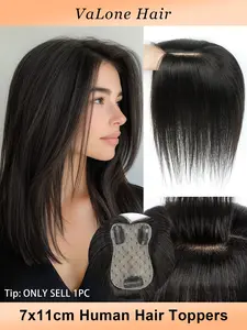7x11cm Human Hair Topper, Hair Replacement, Dark Brown/white grey Hair Piece, Top Base Middle Part Without Bangs, Available For Women Hair Loss Or any Style, Easy To Install, Lightweight, Suitable For Daily Use, Dates, Parties