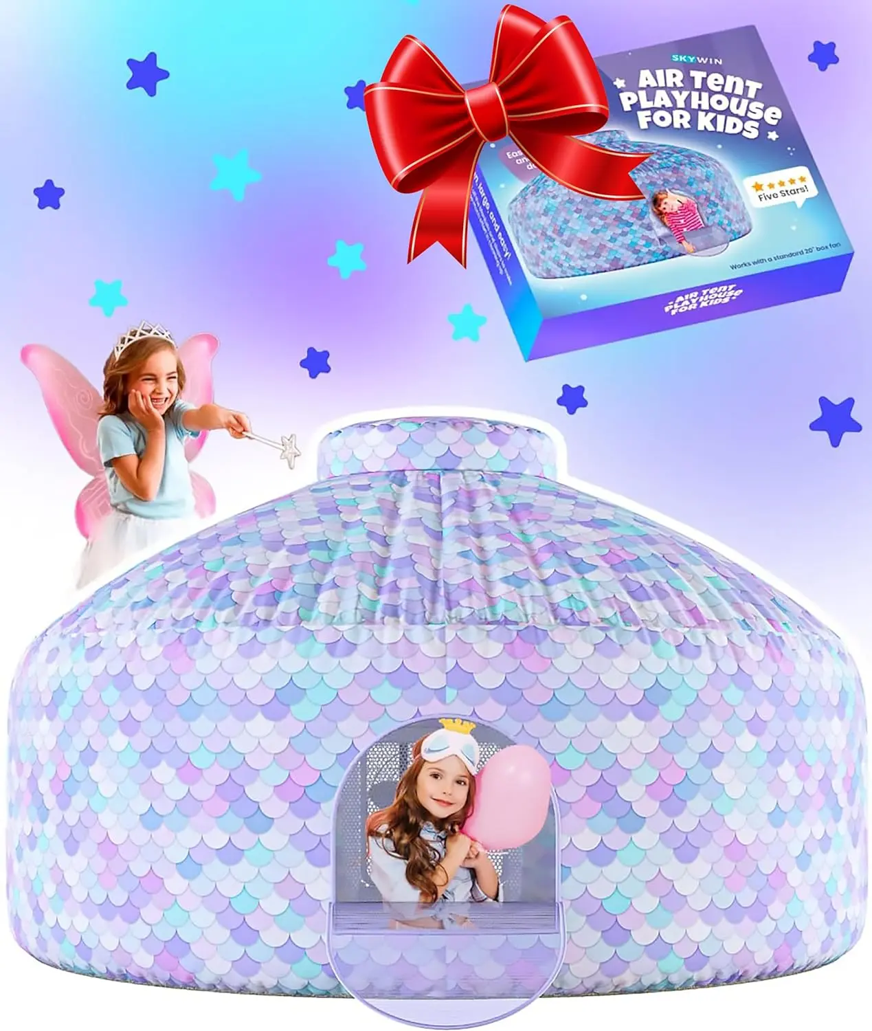 SKYWIN Air Tent Fort Playhouse for Kids (Mermaid)- Inflatable Kids Fort Sets Up and Stores Away in Seconds (WITHOUT FAN) with Door kids toys play tent