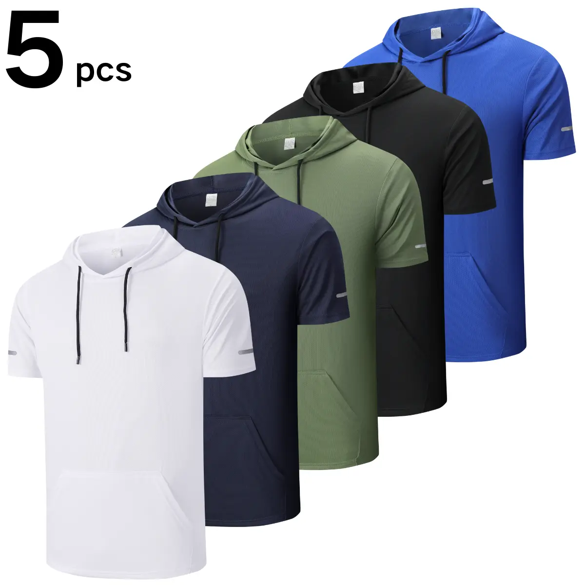 Men's Solid Color Short-Sleeve Sporty T-Shirt Hoodies - Elastic Drawstring, Breathable Mesh, Kangaroo Pocket, Reflective Strips - Men’s Clothes for Summer Sports, Commuting, Sporty T-Shirts,clothes for back to school,first day of school outfits