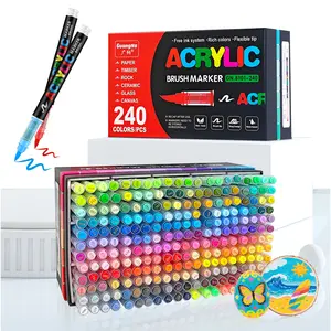 GuangNa 120/240/360 Acrylic Markers with Elastic Brush Tip Quick-Drying Waterproof Ink for Rock Wood Ceramic Glass Canvas Plastic Metal Art Crafts Supplies Gift
