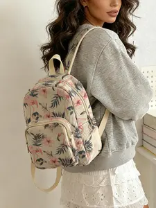 1 piece of flamingo floral pattern 2D printed lady's backpack, corduroy texture + layered storage + light weight reduction | perfect for students going to class/shopping/short trips | atmosphere and practicality combined