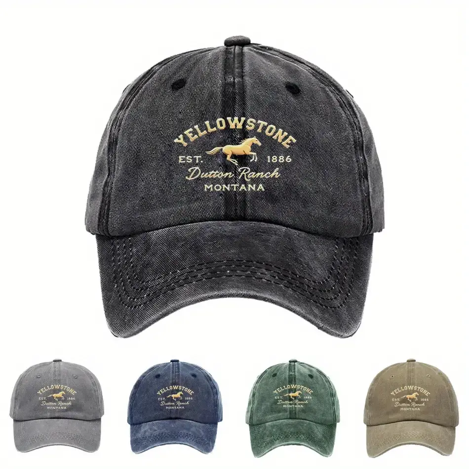 Vintage Men's Baseball Cap - Washed Vintage Print Yellowstone National Park Montana Pattern, Durable Textile Fabric (Teacher's Day, Back-to-School Gift), Baseball Cap, Back-to-School Accessory, Vintage Pattern Six-Piece Cap