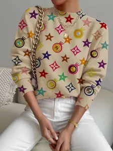 Women's Geometric Pattern Stand Collar Sweater, Fall Winter Casual Long Sleeve Knitwear, Comfortable Warm Daily Wear