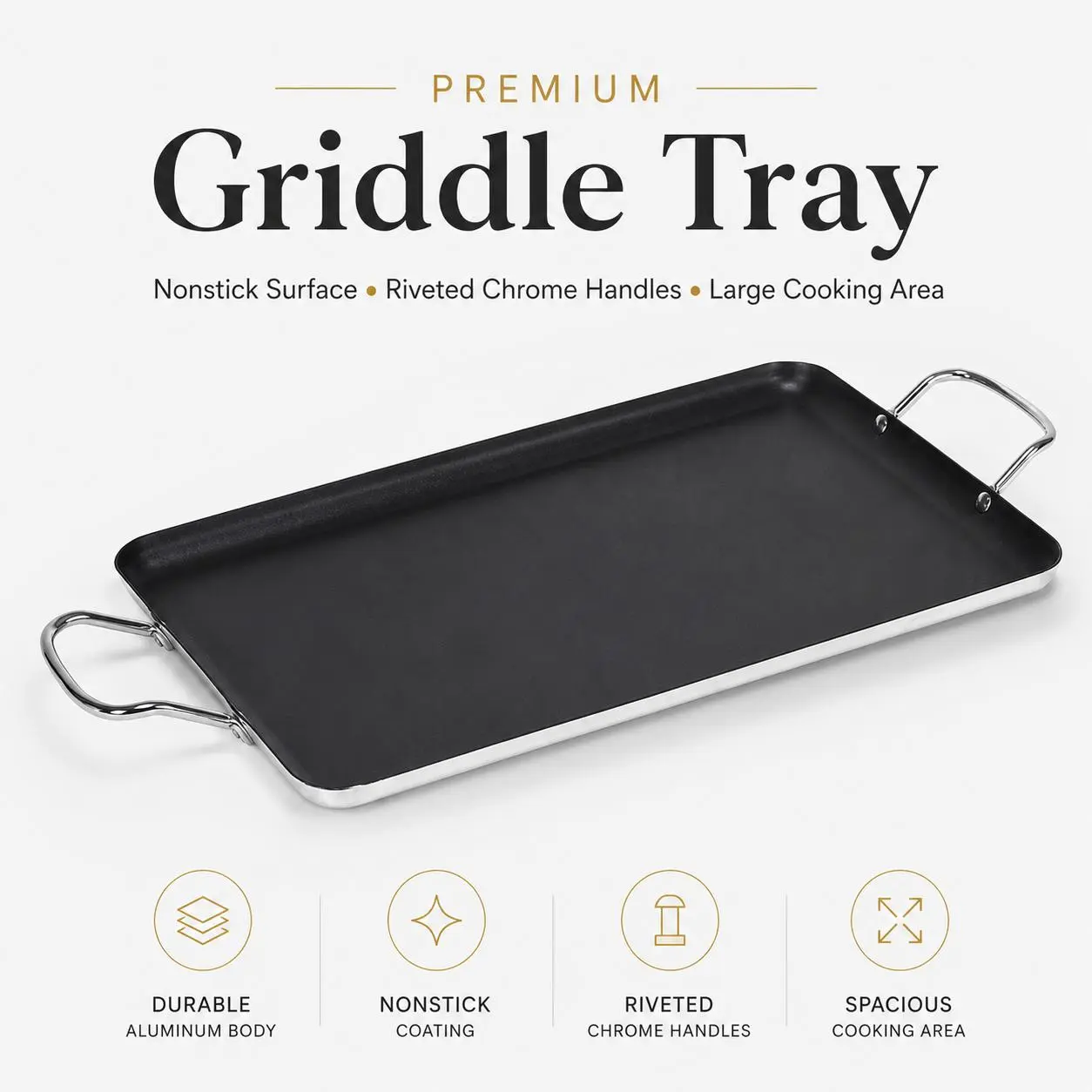 Premium Nonstick Griddle Tray – Large Cooking Surface with Dual Chrome Handles for Pancakes, Tortillas, Sandwiches & More – Durable Aluminum, Even Heat Distribution