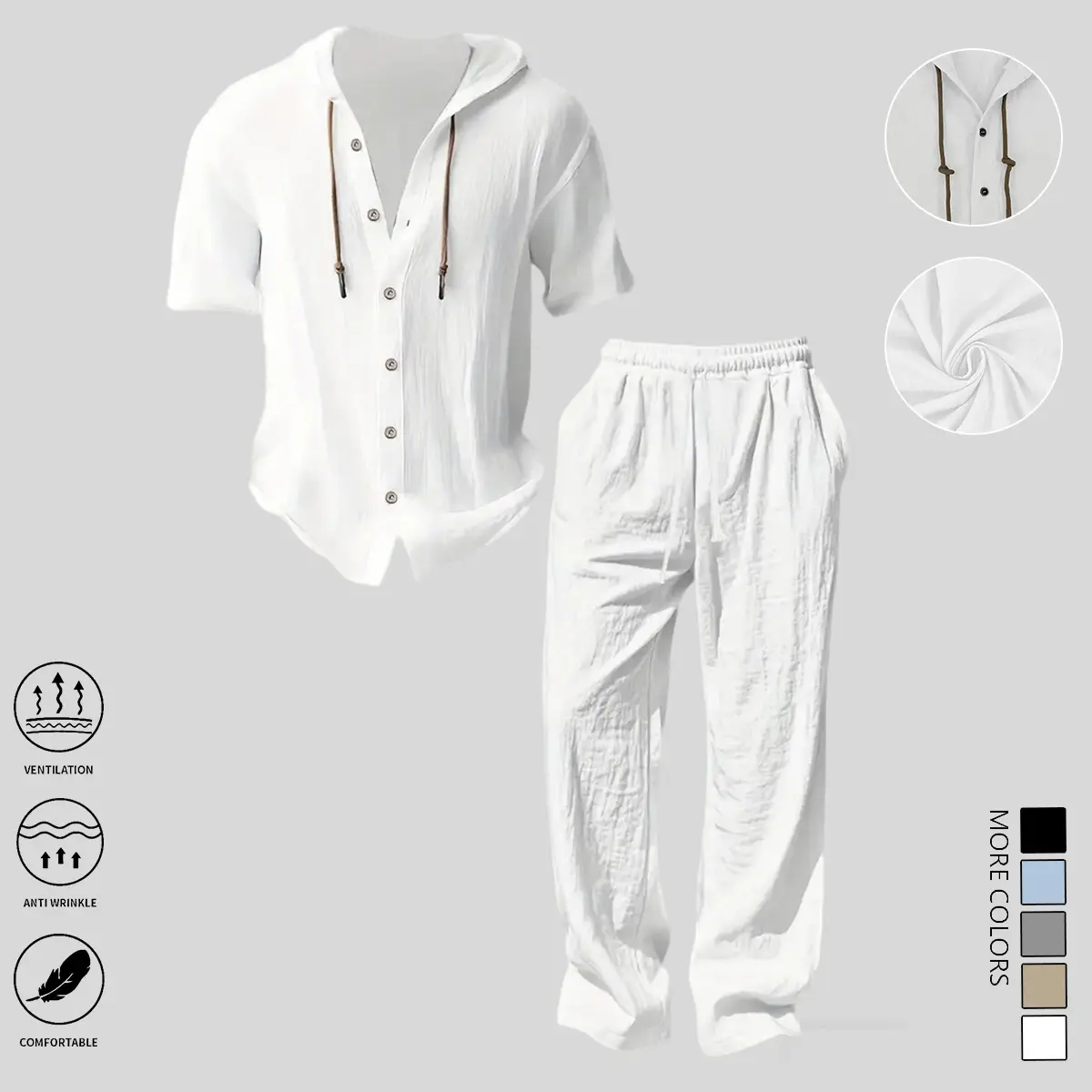 Men’s lightweight two-piece set with a hooded design for a casual vacation style, featuring loose, breathable thin fabric—hooded T-shirt and wide-leg pants suitable for summer wear.