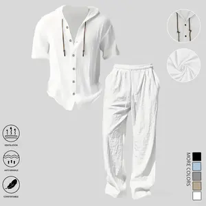 Men’s lightweight two-piece set with a hooded design for a casual vacation style, featuring loose, breathable thin fabric—hooded T-shirt and wide-leg pants suitable for summer wear.
