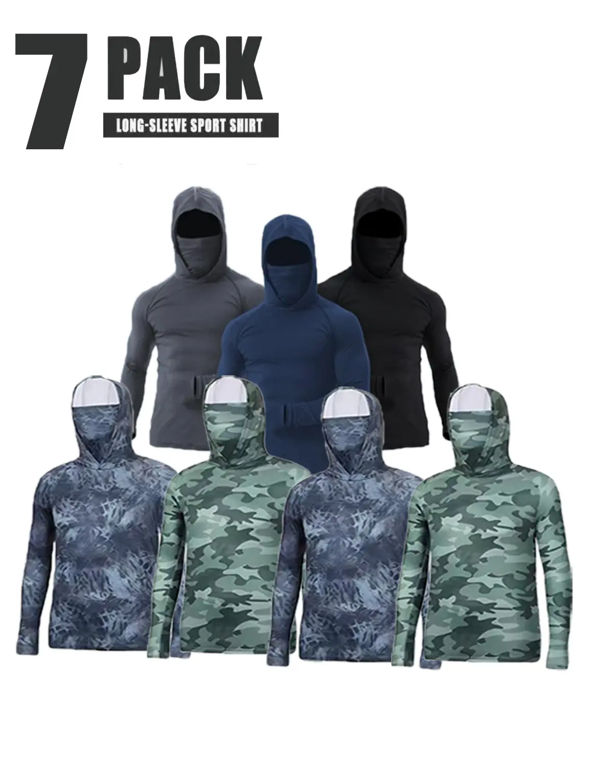 [7PCS] NEW 2026 summer Men's UPF 50+ Sun Protection Fishing Hoodie with Built-In Face Mask & Thumb Holes - Quick Dry Long Sleeve Rash Guard for Outdoor Sports, Hiking, Running & Angling