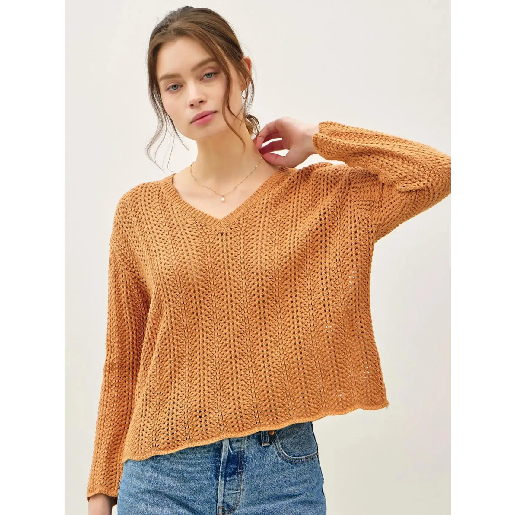 Crochet Knit V-Neck Boxy Sweater