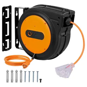 Upgraded Retractable Extension Cord Reel, Heavy Duty 12-16AWG/3C SJTOW Power Cord with Lighted Triple Tap Outlet, 15 Amp Circuit Breaker, 180 °   Swivel Bracket for Ceiling or Wall Tested to UL Standards Cable Safety Convenience