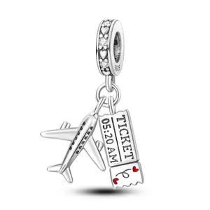 MULA 925 Sterling Silver Airplane and Ticket Pendant | Travel Themed Charm with Enamel Details | Perfect Souvenir Jewelry | Fits Pandora Bracelets and Necklaces | Ideal Gift for Travel Lovers
