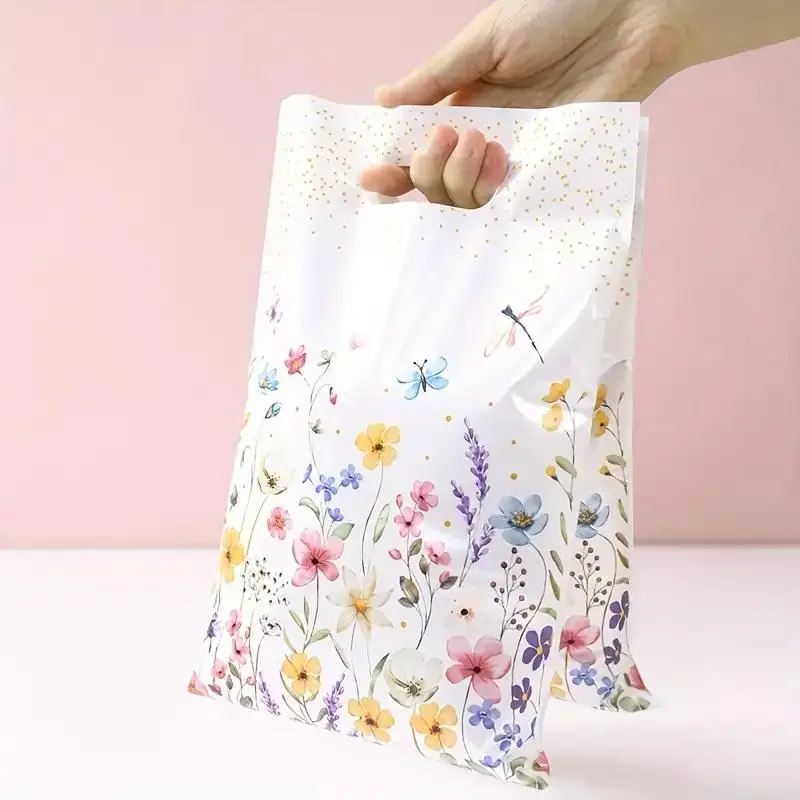 25x16.5cm Pastoral Look Floral Butterfly Plastic Gift Bags with Handle, Reusable Retail Shop Small Packs, Optional Sets (10pcs/50pcs) for Boutique Jewelry & Small Gifts, Retail Shops