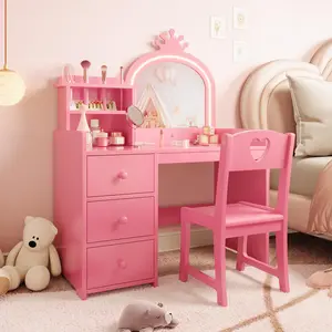 Garvee 2-in-1 Princess Vanity with Lighted Mirror – Wooden Makeup Table with Chair, Drawers, and Shelves for Storage – Perfect Gift for Girls – Color: Pink