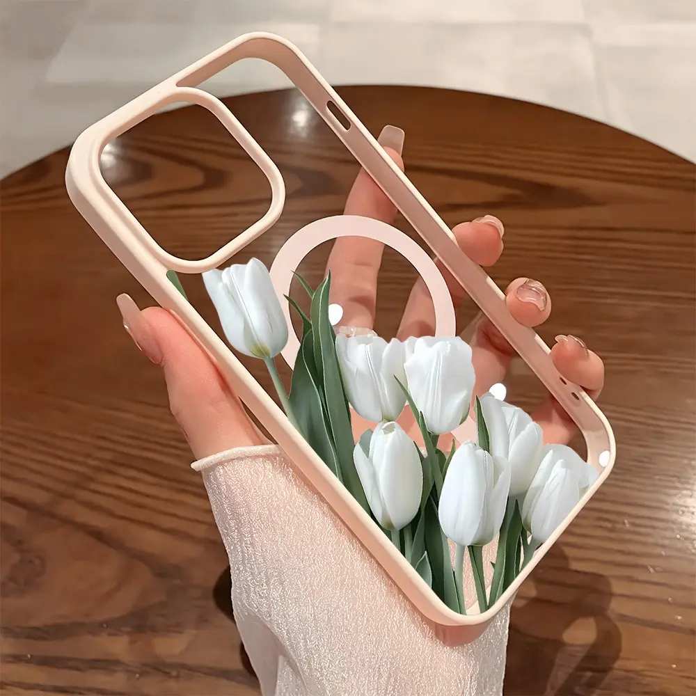 Premium Magnetic Phone Cases for iPhone11/12/13/14/15/16//17/Air/promax/Plus White Tulips Aesthetic y2k cased MagSafe Ready, Anti-Fall, Springtok and Ultra-Thin Design | Perfect for Everyday Use Screen Protector Resistance