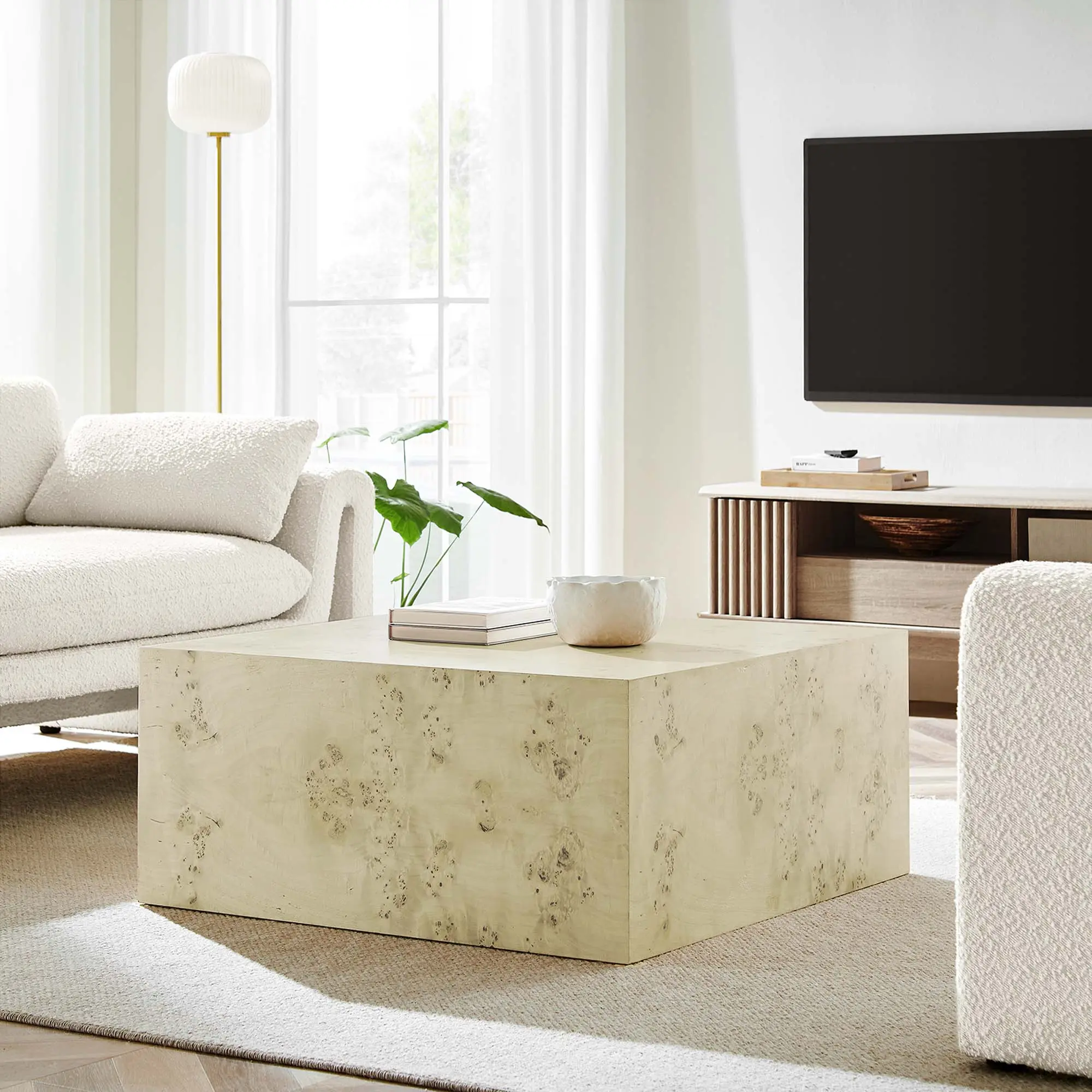 Modway Cosmos 36" Square Burl Wood Coffee Table - Bleached Burl, Modern Furniture, Square Shape, Leveling Legs, Clean Aesthetic