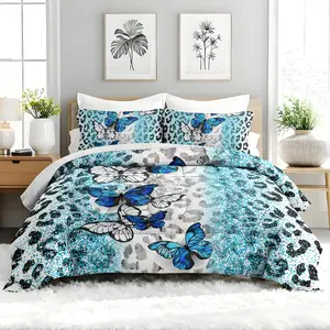 3pcs Blue Butterfly Comforter Set, Fashion Duvet Set for Girls and Adults Bedroom or Guest Room Decor, Printed Soft All Seasons Comforter Machine Washable Microfiber Quilt with 2 Pillowcases, Gifts for the Family
