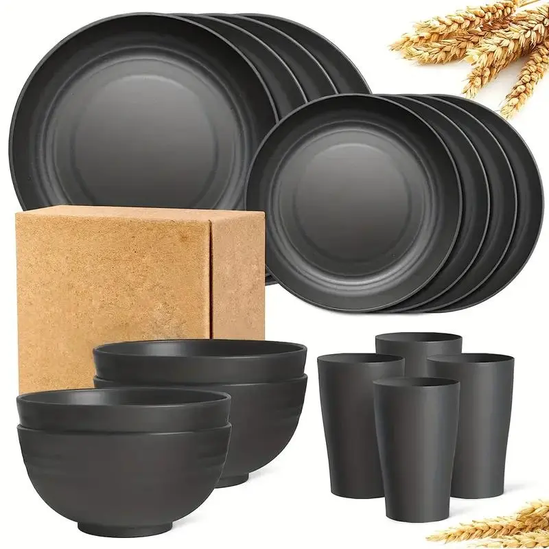 Unbreakable Wheat Straw Dinnerware Service Set, 16pcs/set Including Bowl & Dinner Plate & Cup & Dessert Plate, Reusable Dinnerware Set for Home Kitchen, Tableware Kit, Serving Set