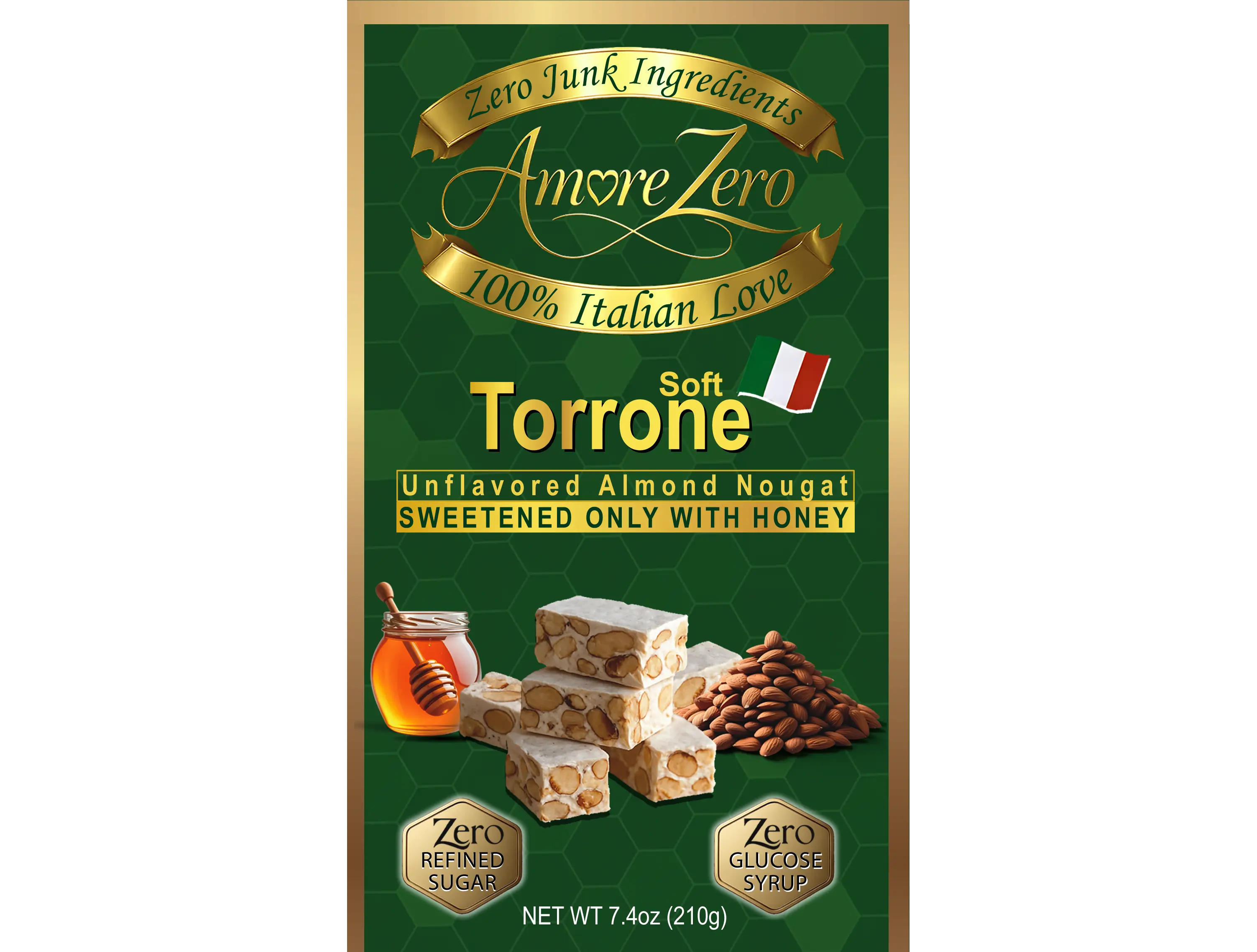 Snack NO Refined SUGAR, Soft ITALIAN Almond Nougat Sweetened ONLY with HONEY, AMOREZERO , Natural Ingredients, Gluten Free