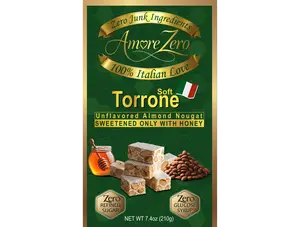 Snack NO Refined SUGAR, Soft ITALIAN Almond Nougat Sweetened ONLY with HONEY, AMOREZERO , Natural Ingredients, Gluten Free