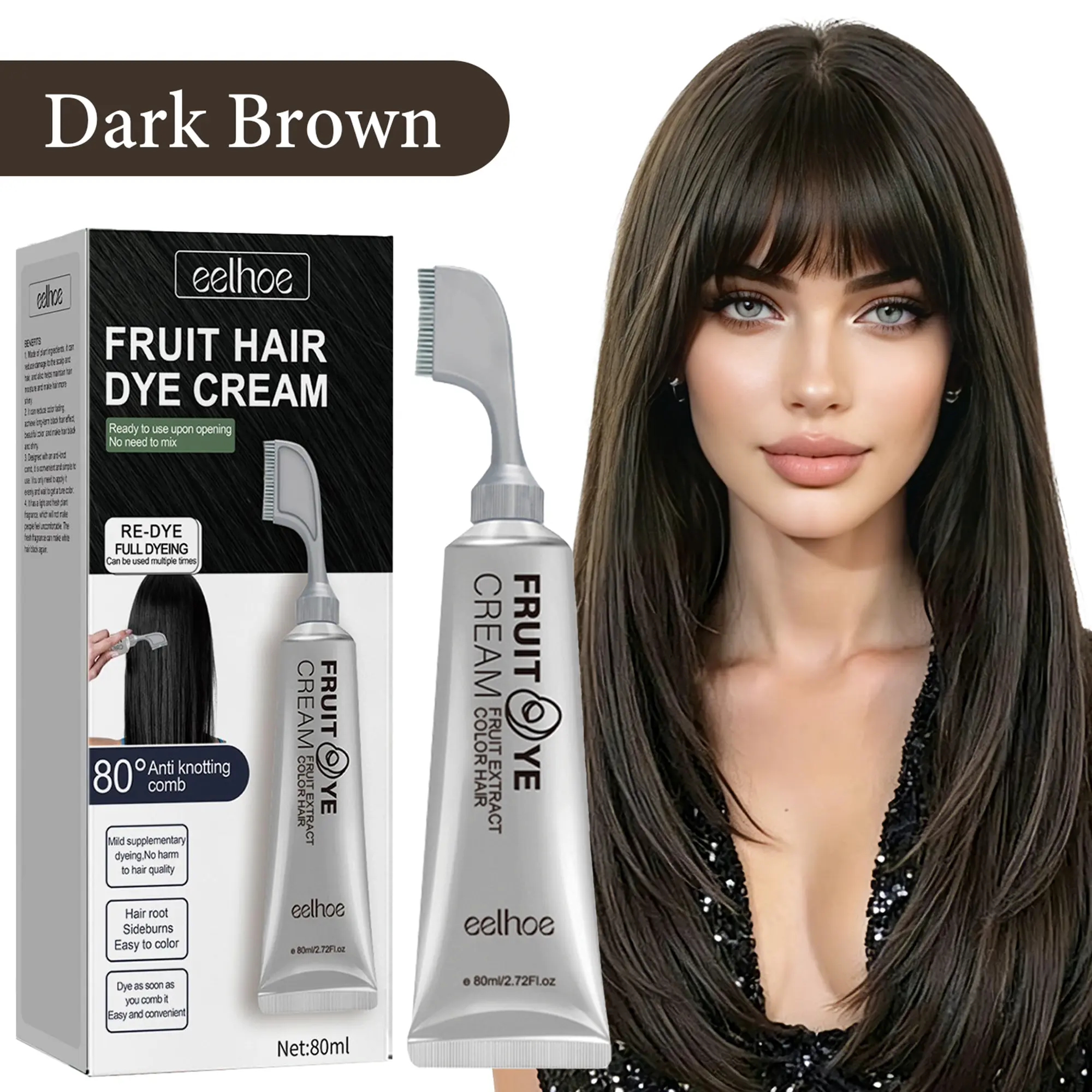 Fruit Hair Dye Cream with Comb for Grey Hair Coverage – Ammonia Free Hair Color Cream for Women & Men, Ready to Use No Mixing Needed, Long Lasting Non-Staining Fruit Essence Formula, 80ml