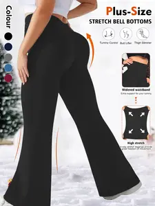 Women's Plus Size Elegant Long Pants, Abdominal Control, Soft Comfort Fabric, High Waist High Elastic Bell Bottoms with Pockets
