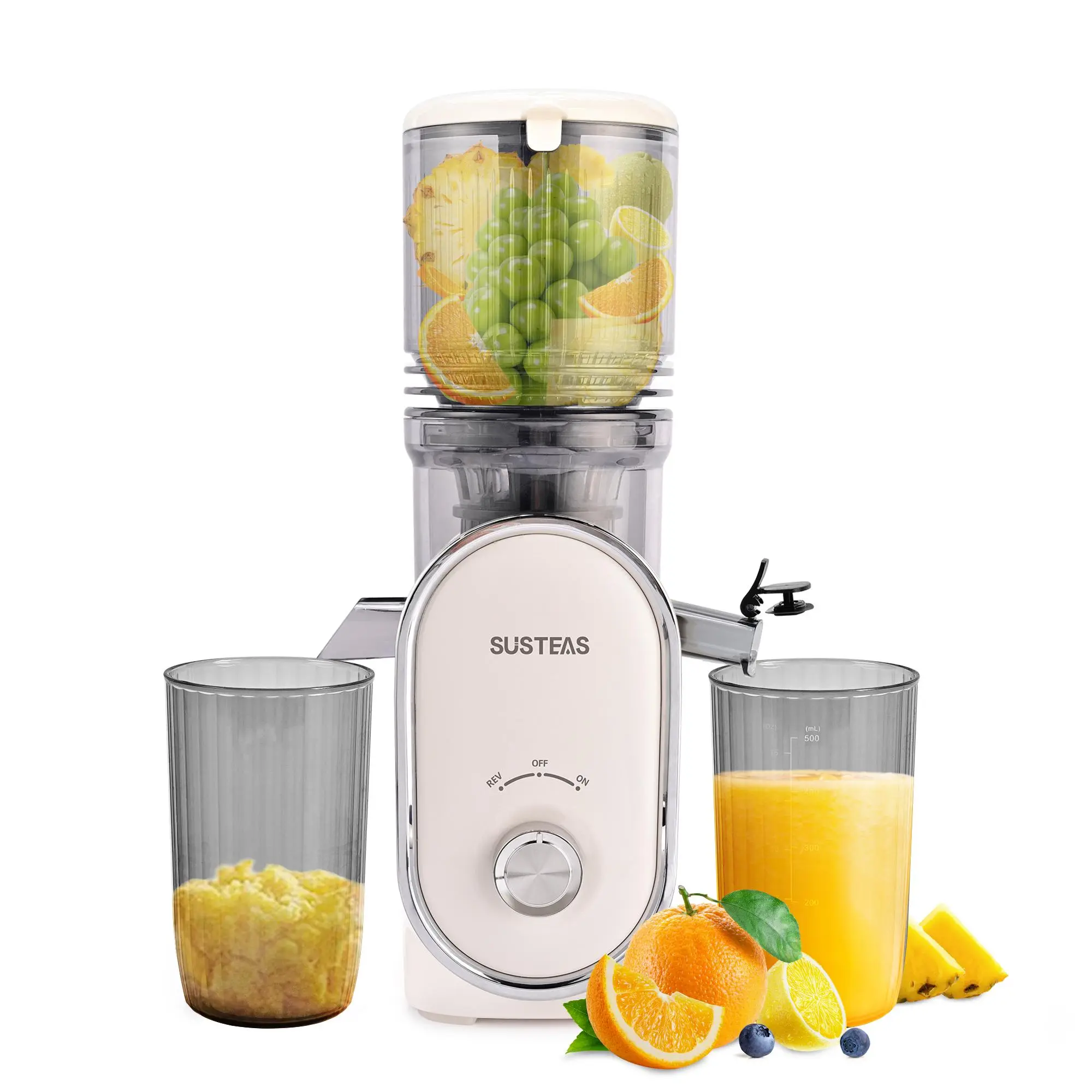 SUSTEAS Wide-Mouth Cold Press Juicer: Fits whole apples, no pre-cutting. High juice yield, ideal for leafy greens. Includes two filters for versatile juicing.