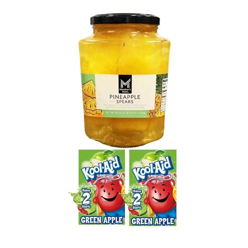 Viral Pineapple Spears With 2 Koolaid Green Apple Drink mixes- 1 Jar of Pineapple & 2 Koolaid Packs