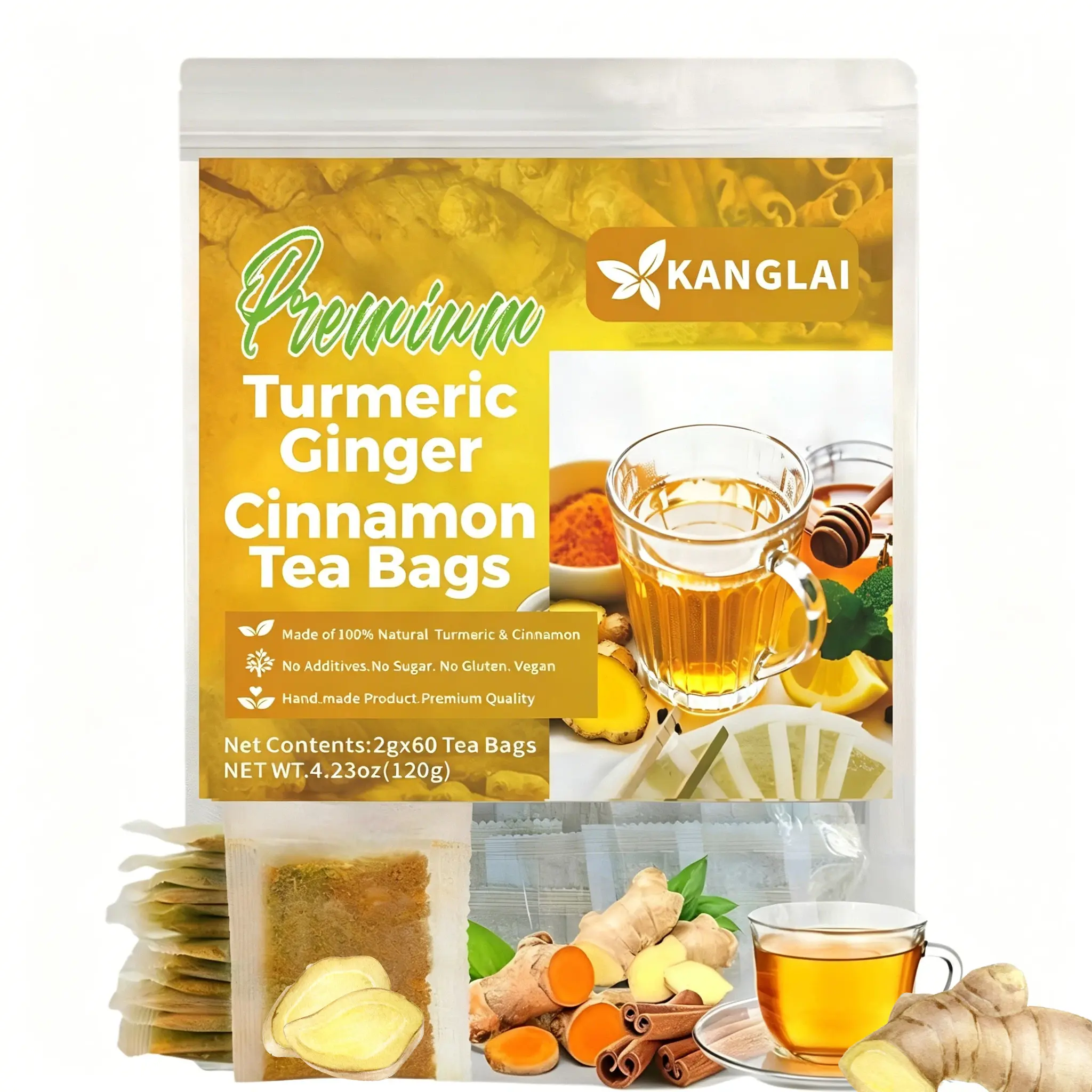 Turmeric Ginger Cinnamon 60/120 Tea Bags -teajunkie- Better blends - Sugar Free, Caffeine Free, Gluten Free, Vegan 100% Natural Eco Friendly Tea Bags Herbal Anti Inflammatory Body Tea Wellness Tea Beverage loaded tea