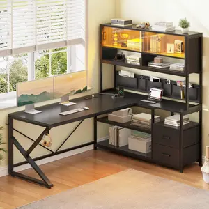 SIKAIC L-Shaped Gaming Desk with LED Lights, 2 Drawers, Built-In Bookshelf - Modern Corner Home Office Study Table Workstation