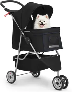 Bestpet | 3-Wheel Pet Stroller | Dog and Cat Stroller | Breathable Mesh | Lightweight Travel Carrier | Waterproof & Foldable Design | Storage Basket | Black | for Daily Walks & Outdoor Use 1 - 18 months