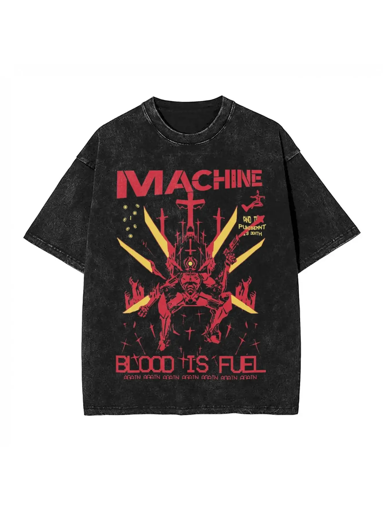 Graphic Tshirt with Retro 'BLOOD IS FUEL' Print, Unisex Distressed Streetwear Short-Sleeve Tee, Loose-Fit Tops, Cotton, Retro Street, Festive, All Seasons, Casual, Round Neck, Christmas, Shortsleeve, Distressed Print