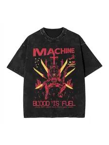 Unisex Ultrakill Gabriel Cotton T-Shirt - Round Neck, Short-Sleeve (Shortsleeve), Loose-Fit, Retro Washed Black Distressed Casual Sports Top, Red "MACHINE" & "BLOOD IS FUEL" Logos, Streetwear for Sports & Festivities