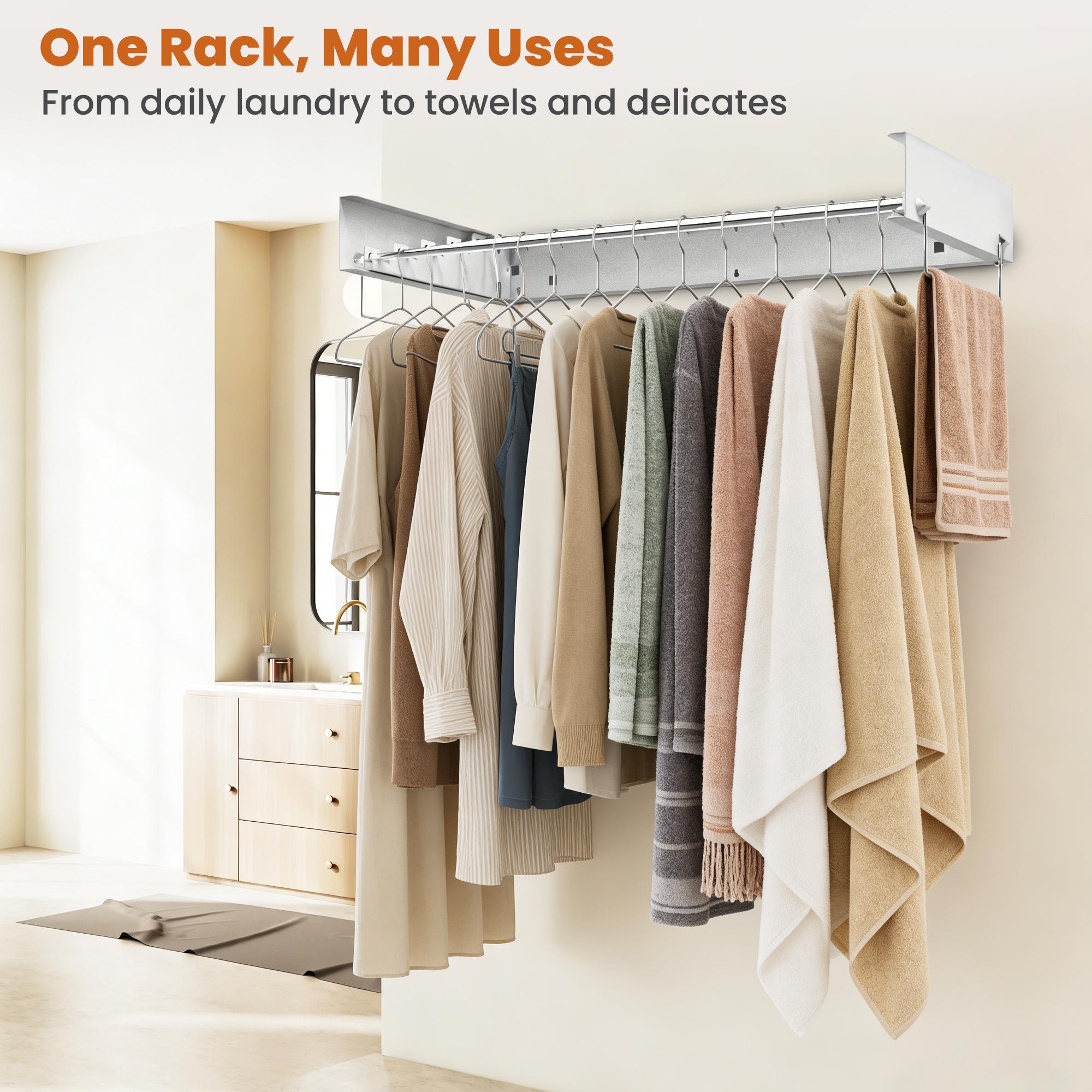 Wall-mounted clothes drying rack, foldable clothes rack, foldable hanger, with 2 towel racks and wall template, suitable for hanging clothes indoors and outdoors, 5 rods