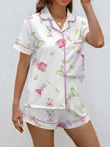 Women's Summer Sleepwear Loungewear Set, Short Sleeve Button-Up Top & Elastic Shorts, Casual Home Wear, Fashionable Daily, Cartoon Print Pajama