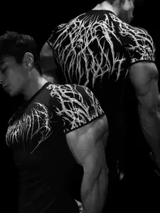 1 piece of men's tight short-sleeve T-shirt with full print of thorny skull, dark hardcore style, elastic, quick-drying, suitable for strength training and street wear, Gym Tee