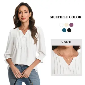 Funlingo 3/4 Length Sleeve Womens Tops Dressy Henley V Neck Blouses Pleated Button Down Shirts Business Casual Outfits