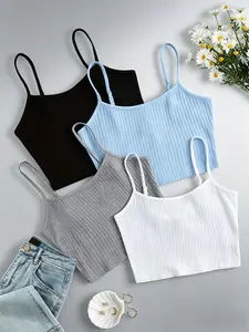 Women's Solid Ribbed Crop Basic Sleeveless Cami Top, Casual Adjustable Spaghetti Strap Top for Summer, Women's Clothing for Daily Wear, Everyday, Fit